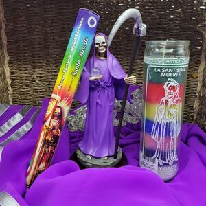SANTA MUERTE Purple Statue 9", Santa Muerte 7 color Candle & incense bundle .